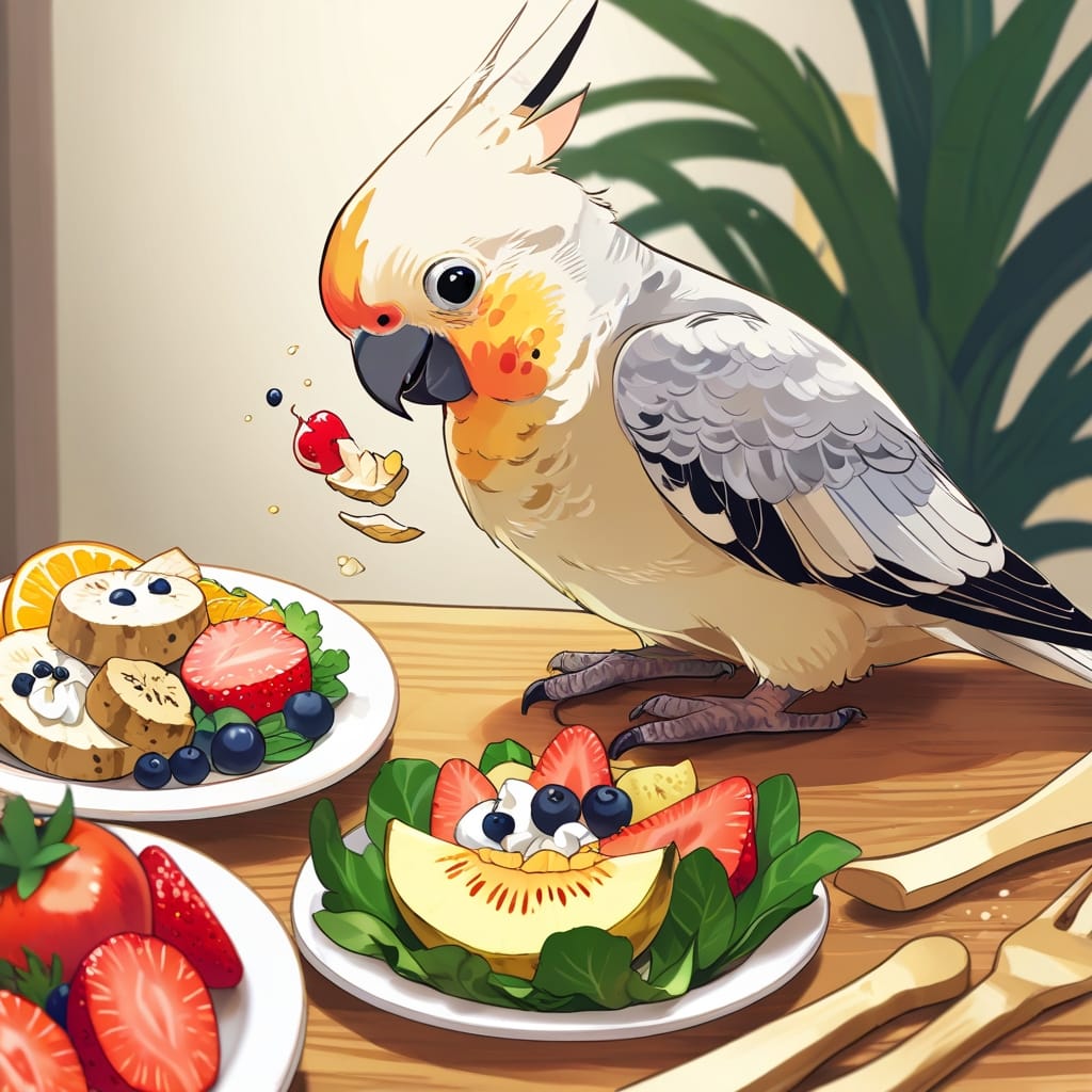 a bird eating fruit on a table